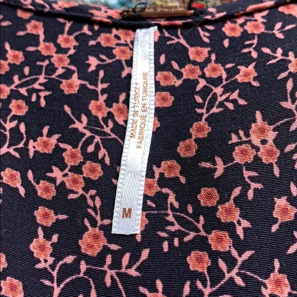 Free People Black with Coral Floral Wrap Blouse